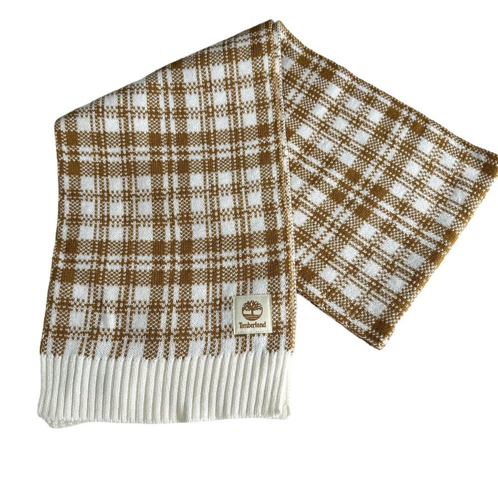 Timberland Unisex Plaid Neck Scarf One Size Brown‎ Cream Knit Winter Scarves